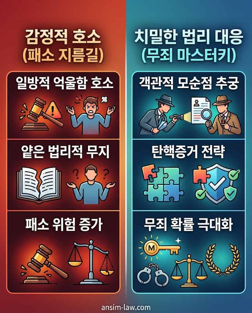 억울한 유죄를 막기 위해 단순 감정적 호소와 치밀한 법리 대응의 차이점을 명확히 대조한 비교 분석표 .