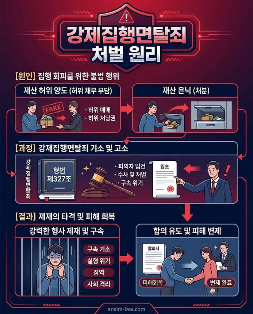 채무자가 악의적으로 재산을 은닉하거나 허위로 넘길 경우 성립하는 강제집행면탈죄 추가 고소 및 처벌 과정.