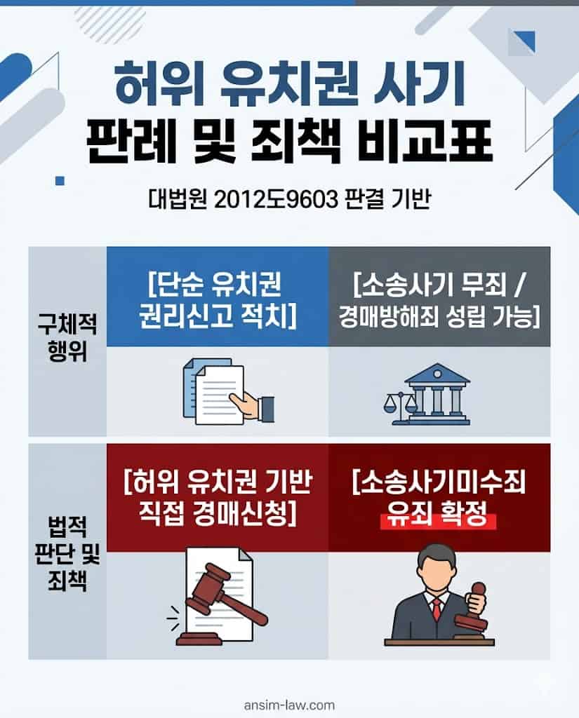 허위 유치권 신고와 경매신청 단계별 소송사기미수죄 및 경매방해죄 성립 기준 대조 도표.