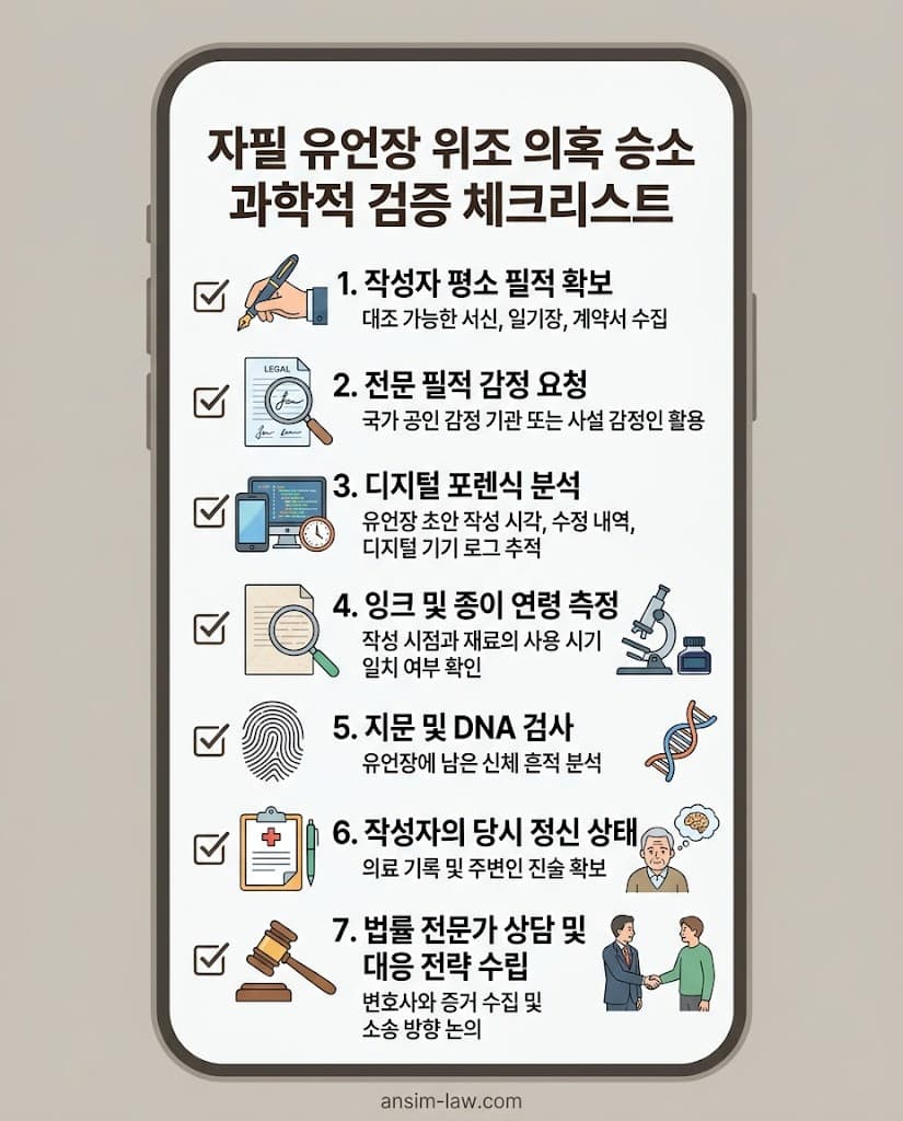 유언장 위조 의혹 발생 시 필적 감정부터 디지털 포렌식까지 반드시 확인해야 할 승소 전략 체크리스트.