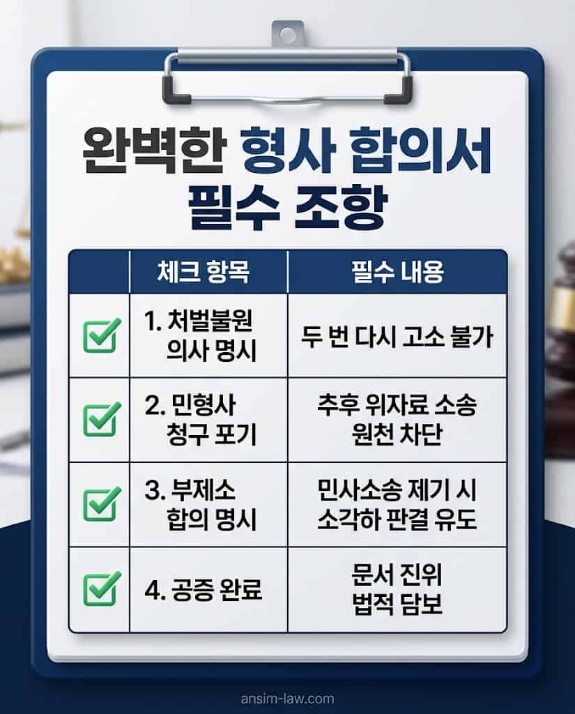 처벌불원, 민형사 청구 포기, 부제소 합의, 공증 등 완벽한 사기 합의서 필수 조항 체크리스트 표