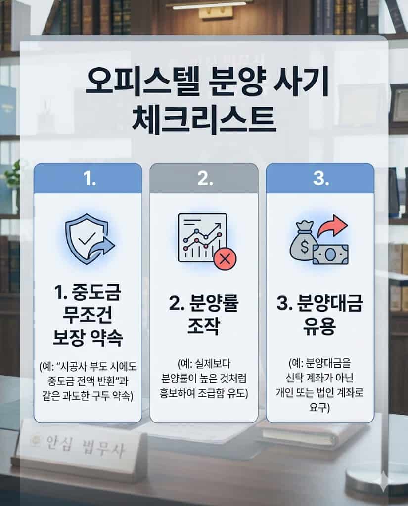 분양 계약 취소를 위한 오피스텔 사기 기망 행위 자가 진단 체크리스트입니다.