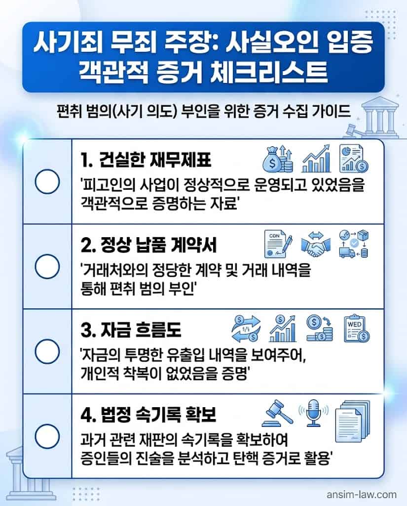 사기죄 편취 범의가 없었음을 입증하기 위한 필수 객관적 증거 자료 수집 체크리스트.