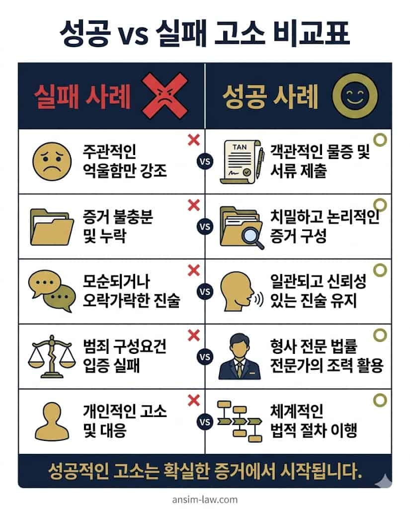 주관적 감정 호소와 객관적 물증 제출의 차이를 보여주는 고소 성공 및 실패 사례 비교표입니다.