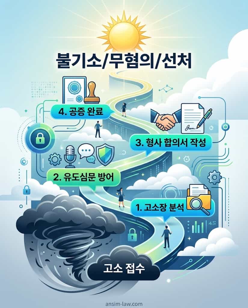 고소 접수부터 유도심문 방어, 형사 합의 공증을 거쳐 사기죄 무혐의에 이르는 해결 과정 플로우차트