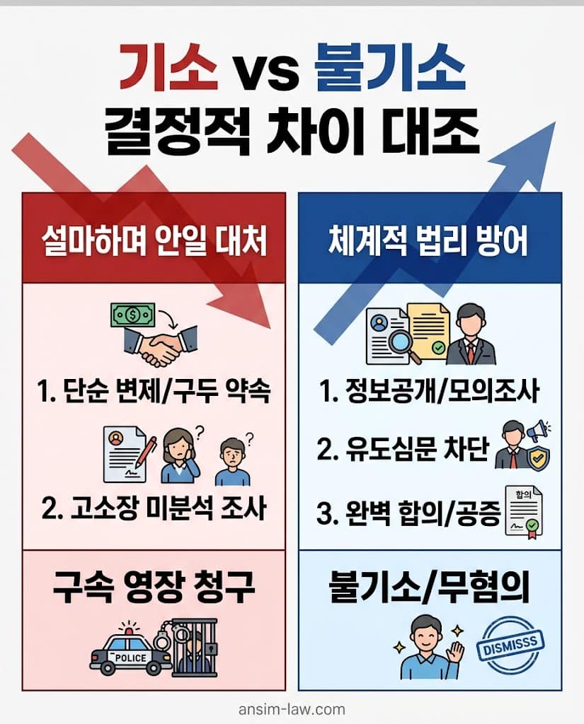 안일한 임시방편 대처와 체계적 법리 방어가 초래하는 사기죄 구속과 불기소 결과 비교 대조표