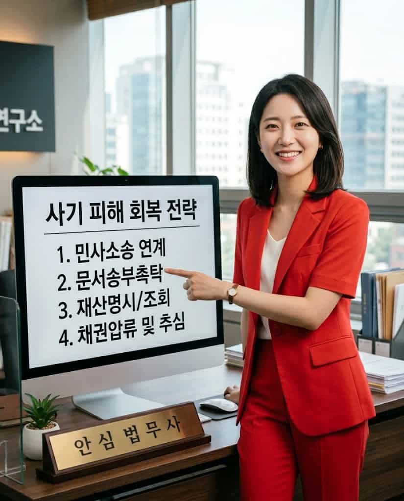 안심 법무사가 사기죄 고소 후 민사소송 연계 절차를 상세히 설명하는 모습