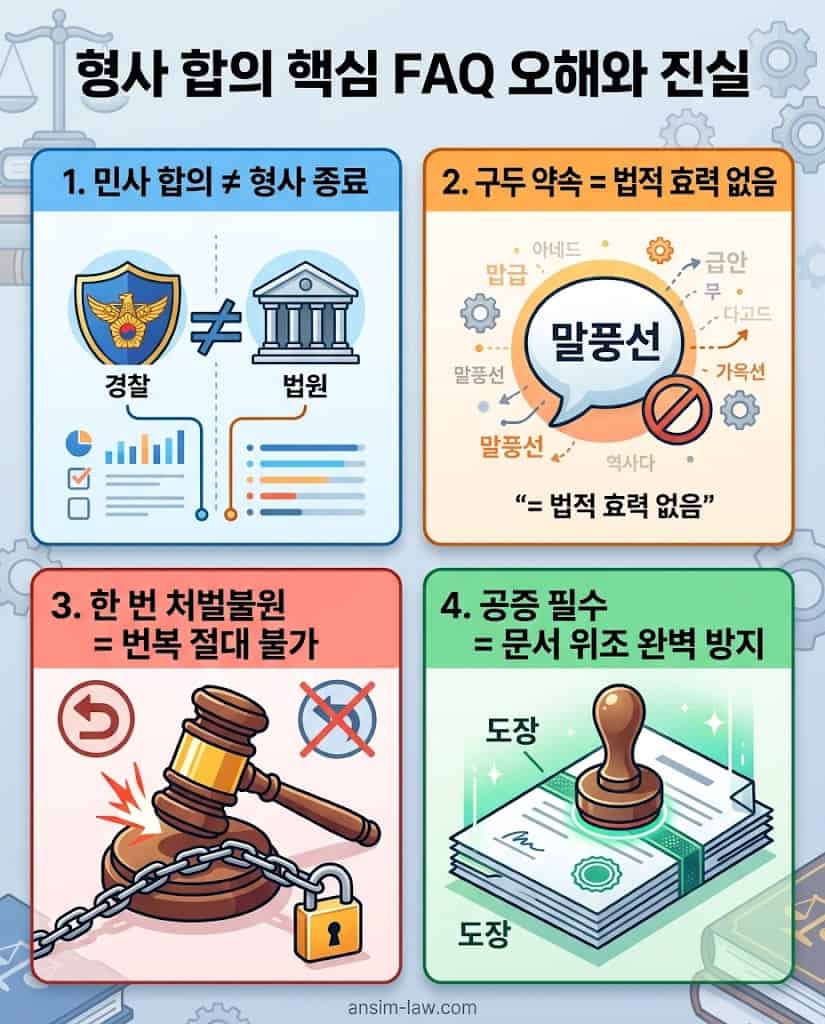 민사 합의 시 형사 종료 착각, 구두 약속 무효, 처벌불원 번복 불가 등 사기 합의 실무 FAQ 요약 인포그래픽