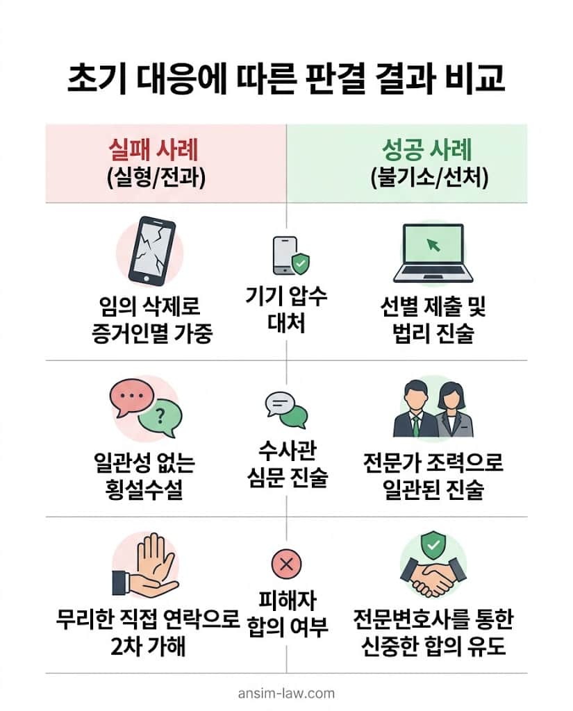 카촬죄 수사 과정에서 초기 대응의 실책과 올바른 대처가 가져오는 결과 비교표