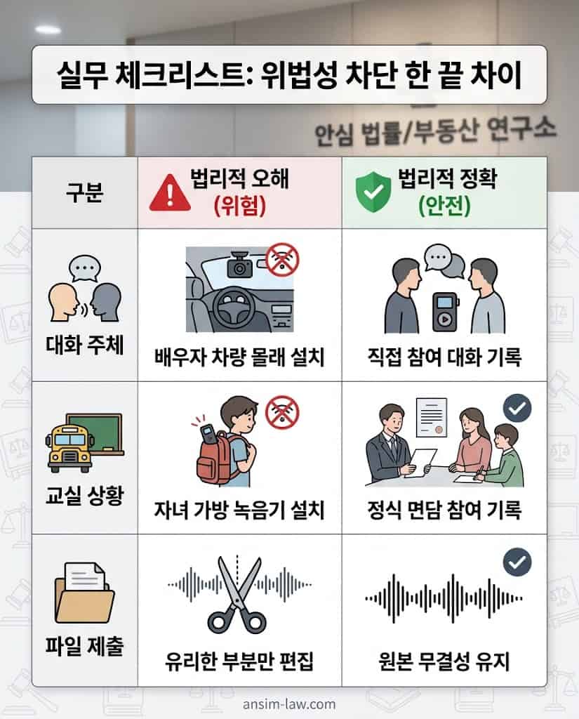 형사재판에서 증거능력이 인정되는 녹음과 배척되는 위법 녹음을 비교한 실무 체크리스트