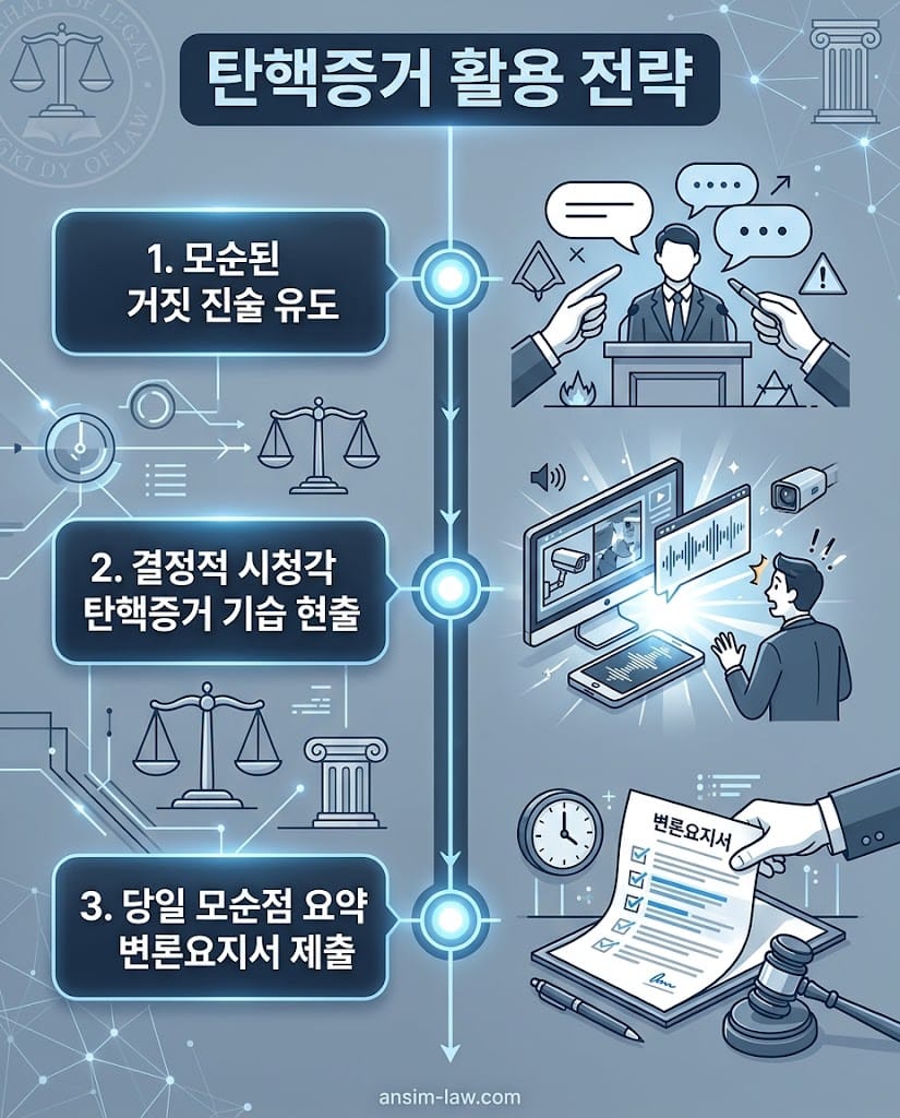 거짓 진술을 극대화한 후 시청각 탄핵증거를 현출시키고 변론요지서를 제출하는 전략적 활용법 .