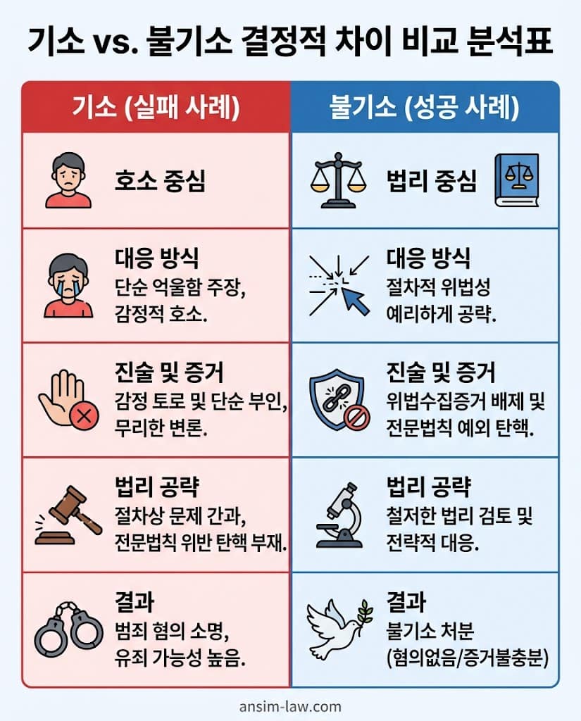 증거 조사 절차의 허점을 파고든 성공 사례와 법리적 오해를 범한 실패 사례의 결정적 차이 비교표.