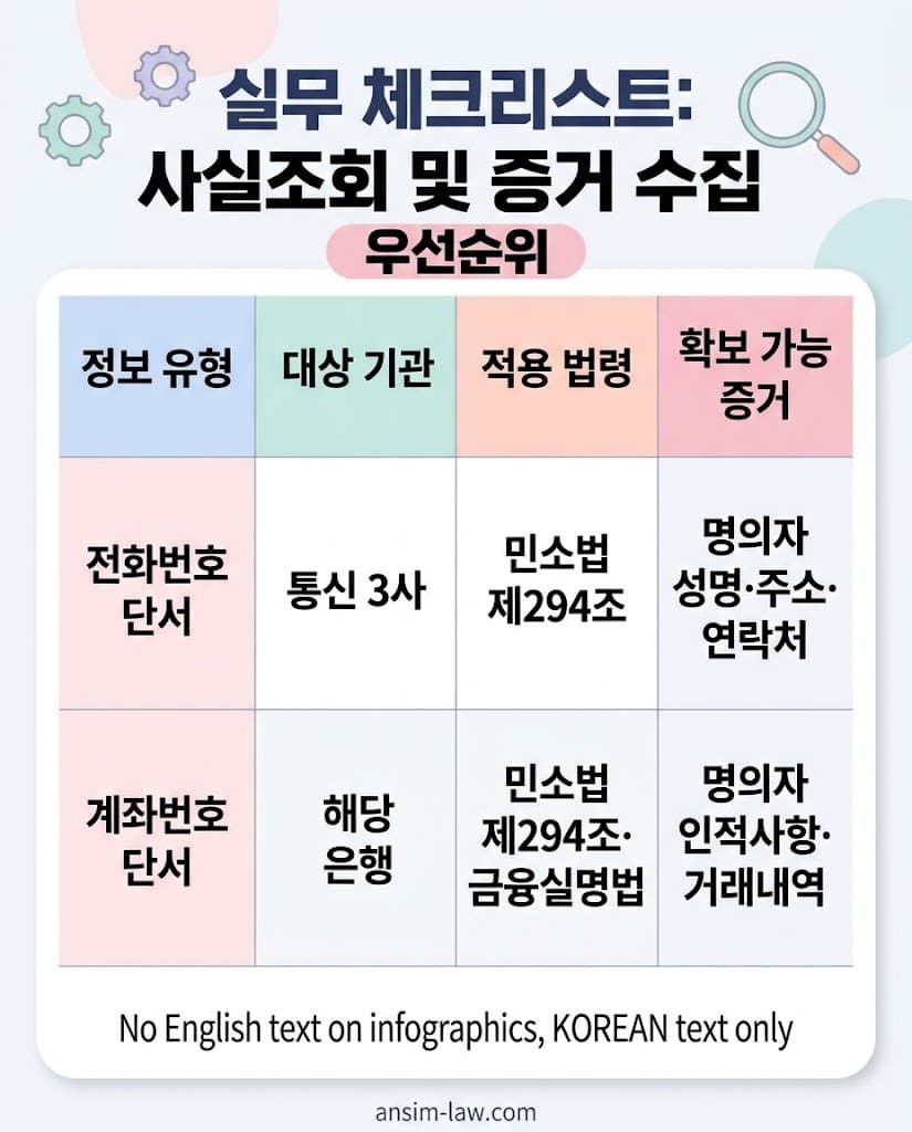 단서별 사실조회 대상 기관 및 확보 가능 증거 목록