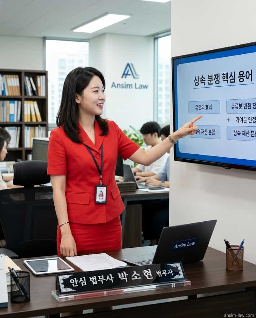 붉은색 정장을 입은 안심 법무사가 상속 재산 분쟁 시 대응해야 할 핵심 법리를 화면을 보며 설명하는 모습.