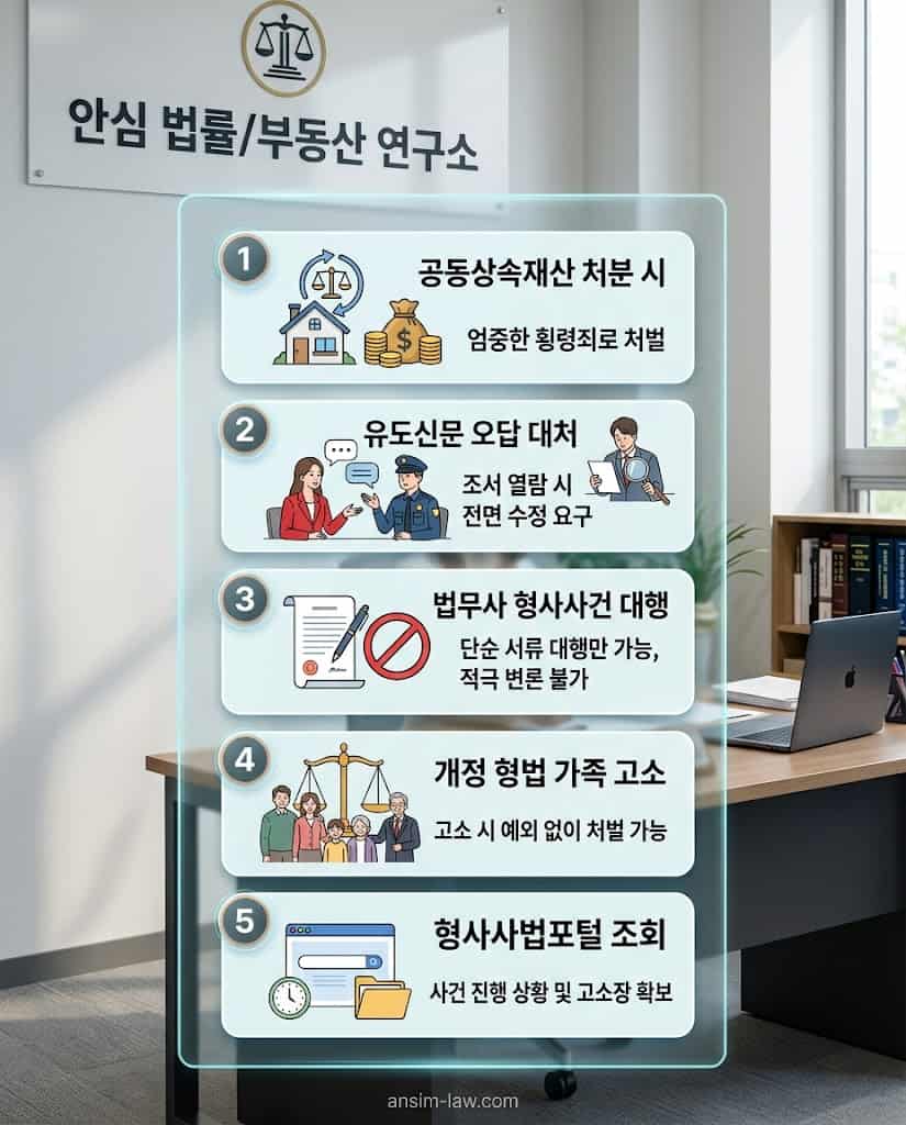 상속 재산 횡령과 형사 고소에 대한 가장 절박하고 시급한 5가지 핵심 법률 질문과 답변을 요약한 FAQ 인포그래픽입니다.