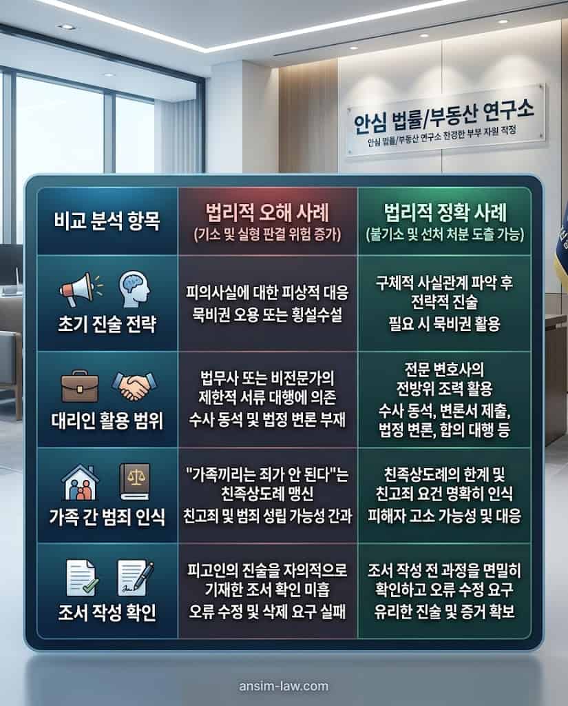 상속 횡령 사건에서 법리적 오해로 인한 기소 위험과 정확한 법률 대응으로 인한 불기소 가능성을 비교한 데이터 테이블입니다.