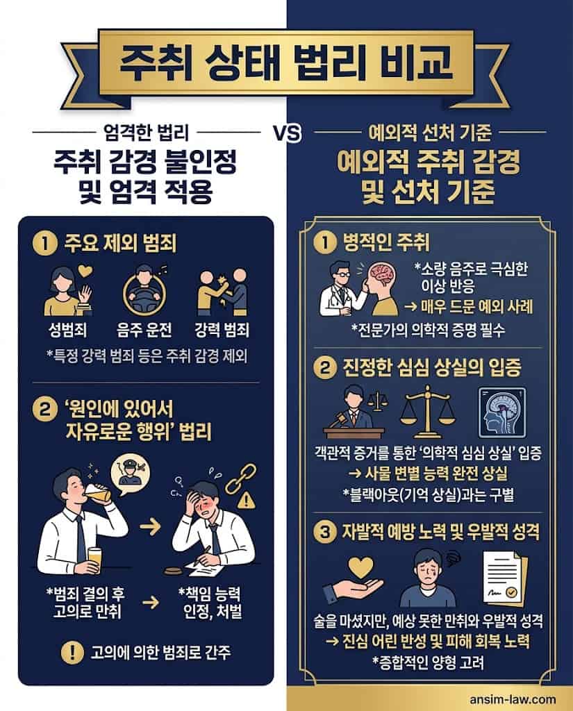 만취 상태 범죄의 책임 조각 사유 인정 여부와 원인에 있어서 자유로운 행위 법리를 비교 분석한 표.