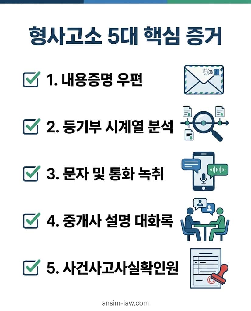 전세사기 형사 고소 진행 시 반드시 확보해야 할 5가지 핵심 증거 목록 인포그래픽