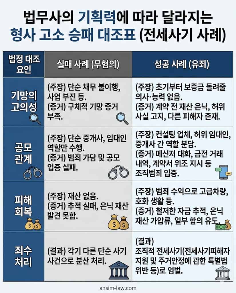 전세사기 형사 고소의 승패를 가르는 성공 및 실패 사례 법정 대조표 인포그래픽