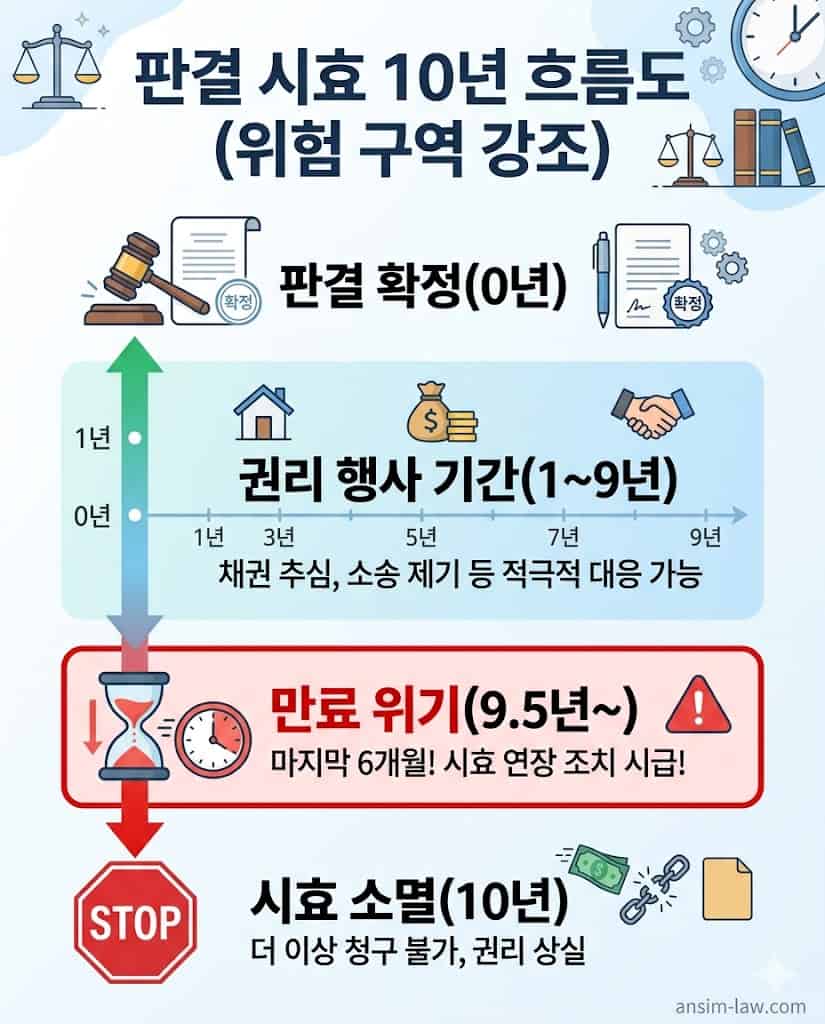 판결문 확정 후 10년의 소멸시효 진행 단계와 만료 위험 시기를 나타낸 흐름도.