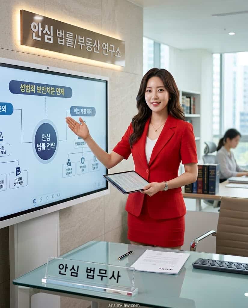성범죄 취업제한 면제와 보안처분 취소 소송의 핵심 법리를 화면으로 설명하는 안심 법무사의 모습입니다.