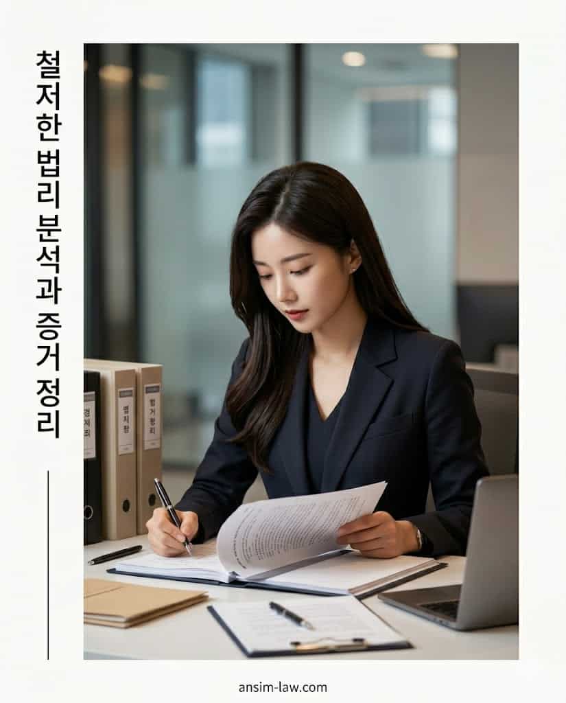 성범죄 무혐의 처분을 이끌어내기 위해 형사의견서 서류를 정밀하게 작성 중인 법무사 모습.