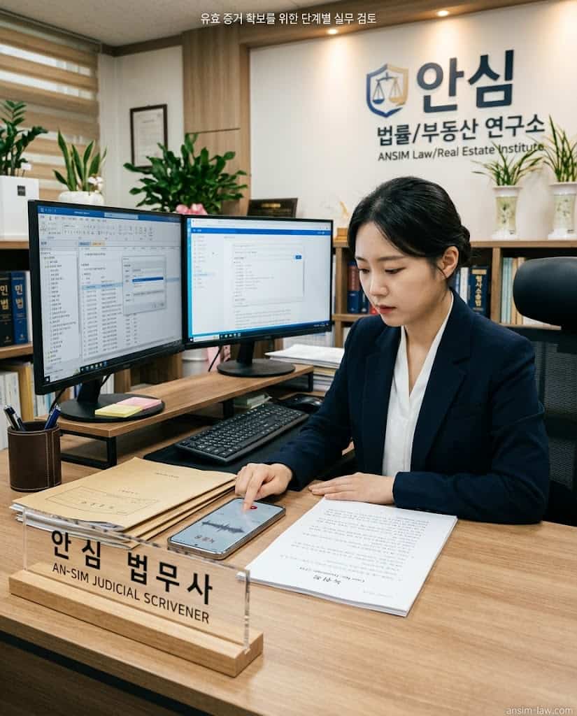 억울한 형사사건 해결을 위해 녹음 파일과 녹취록을 꼼꼼히 검토하는 안심 법무사