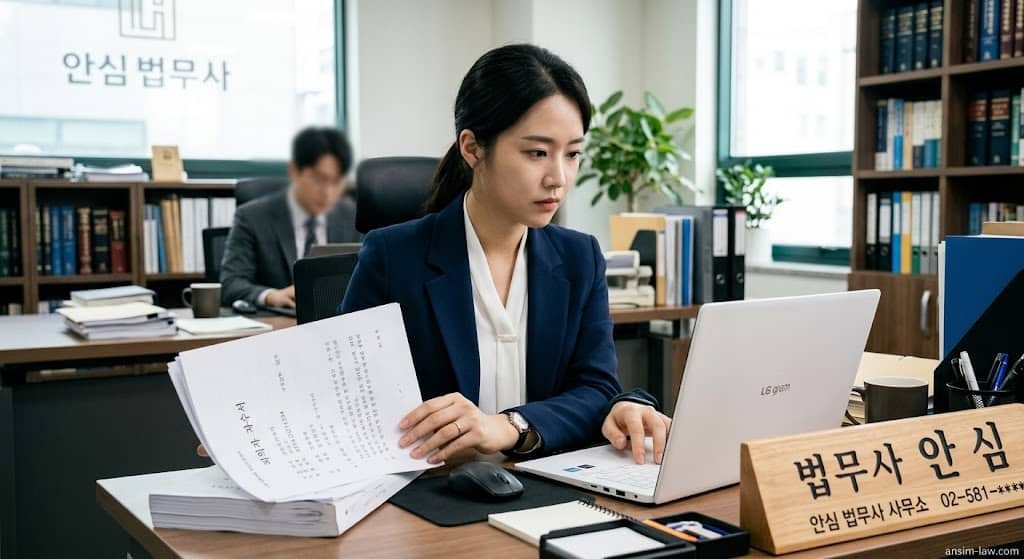 피의자의 자수서와 법률 문서를 꼼꼼하게 검토 중인 안심 법무사의 업무 모습