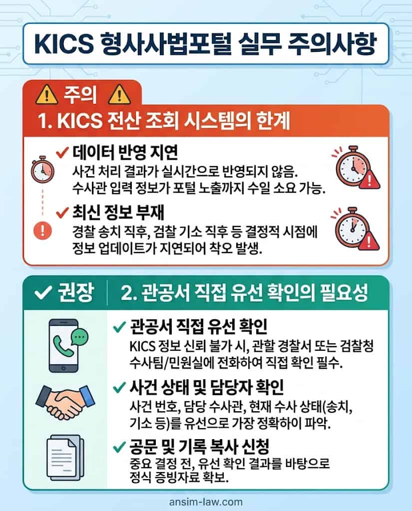 킥스 형사사법포털 전산 조회 시 발생하는 실시간 지연 맹점과 수사기관 직접 확인의 중요성을 정리한 실무 체크리스트