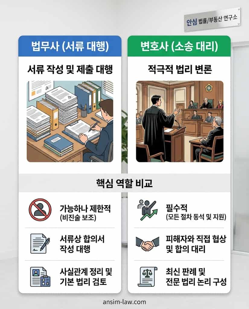 형사 사건에서 단순 서류 대행을 넘어선 적극적 법리 변론을 위한 법무사와 변호사의 역할 차이 비교표입니다.
