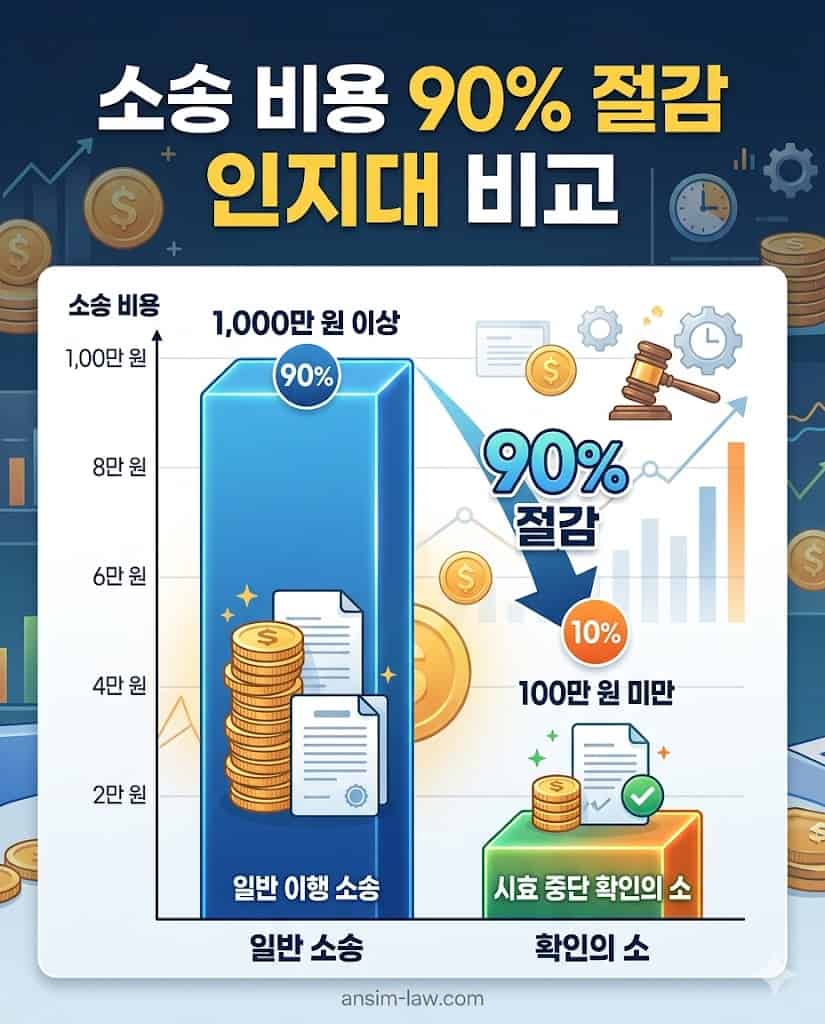 이행 소송 대비 확인의 소 활용 시 인지대가 90% 절감됨을 보여주는 비교 통계표.