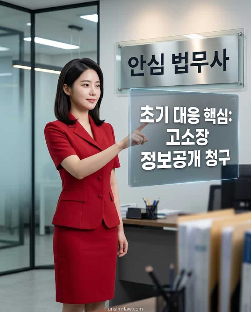 붉은 정장을 입은 미모의 안심 법무사가 고소장 정보공개 청구 등 사기죄 초기 대응 전략을 화면으로 설명하는 모습