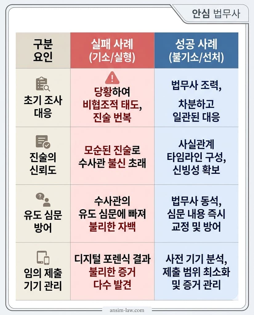 성범죄 조사 대응 및 조력 유무에 따른 불기소 성공과 실형 실패 사법 대조표 .