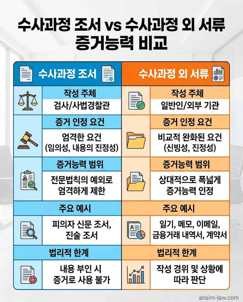 수사과정 조서와 그 외 서류의 증거능력 차이를 분석한 실무 비교표