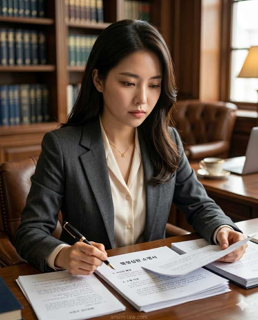 사무실 책상에서 음주운전 면허정지 행정심판 소명 서류를 검토 중인 여성 전문가