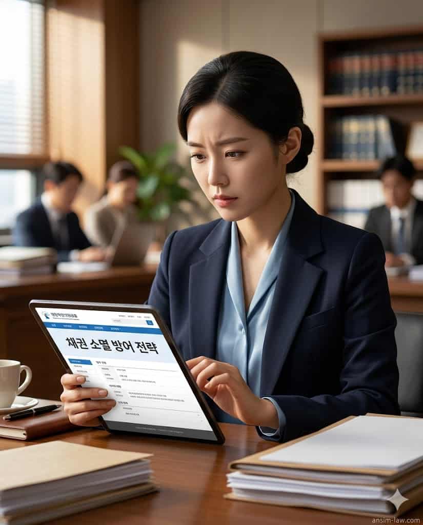 전자소송 시스템을 통해 채권 소멸시효 갱신 소송을 검토하는 전문 법무사의 모습.