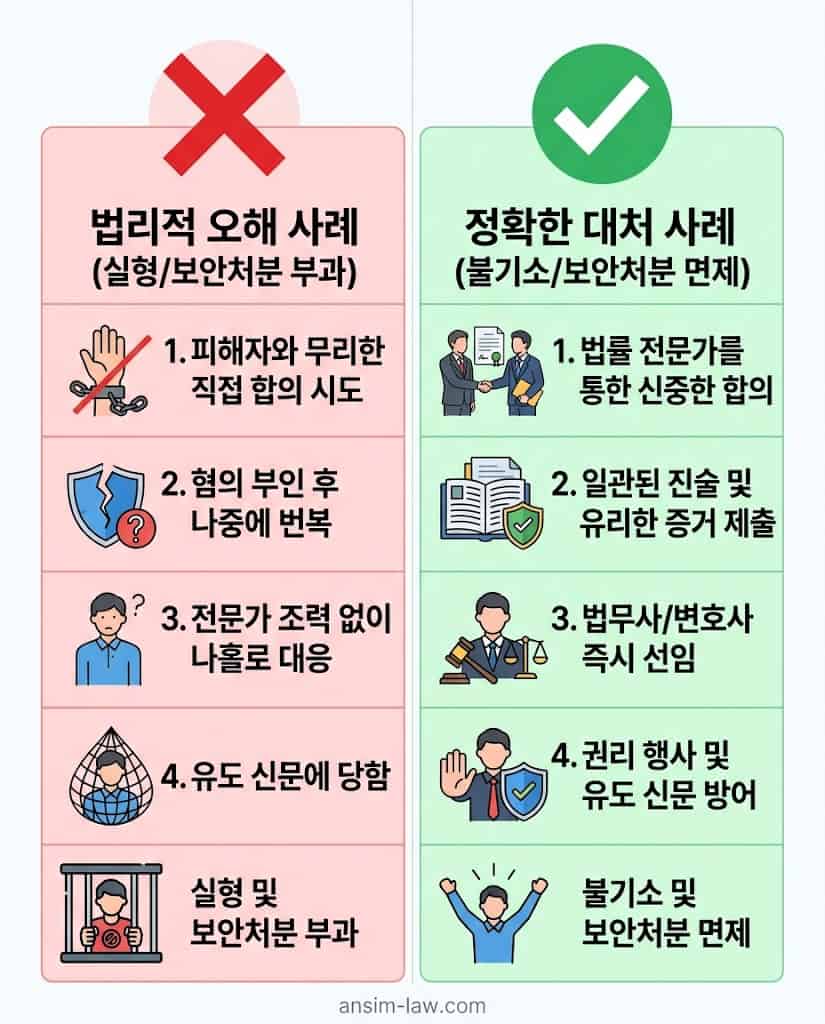 형사 실무 현장에서 피의자가 흔히 하는 법리적 오해 사례와 올바른 변론 전략의 차이를 대조한 표입니다.