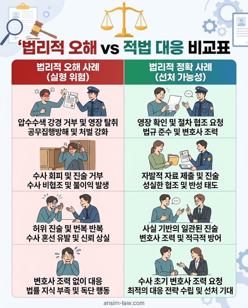 수사 초기 법리적 오해 사례와 적법한 실무 방어 대응 결과 비교 분석표