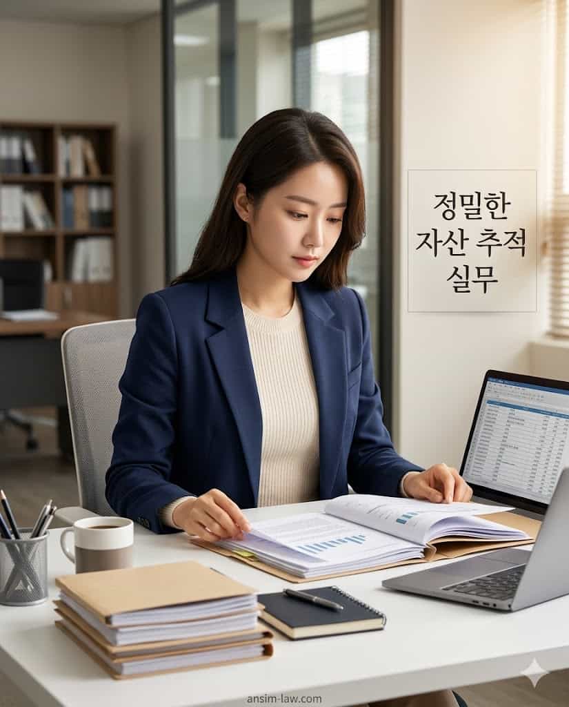 법률 전문가가 채무자의 은닉 재산을 분석하는 모습