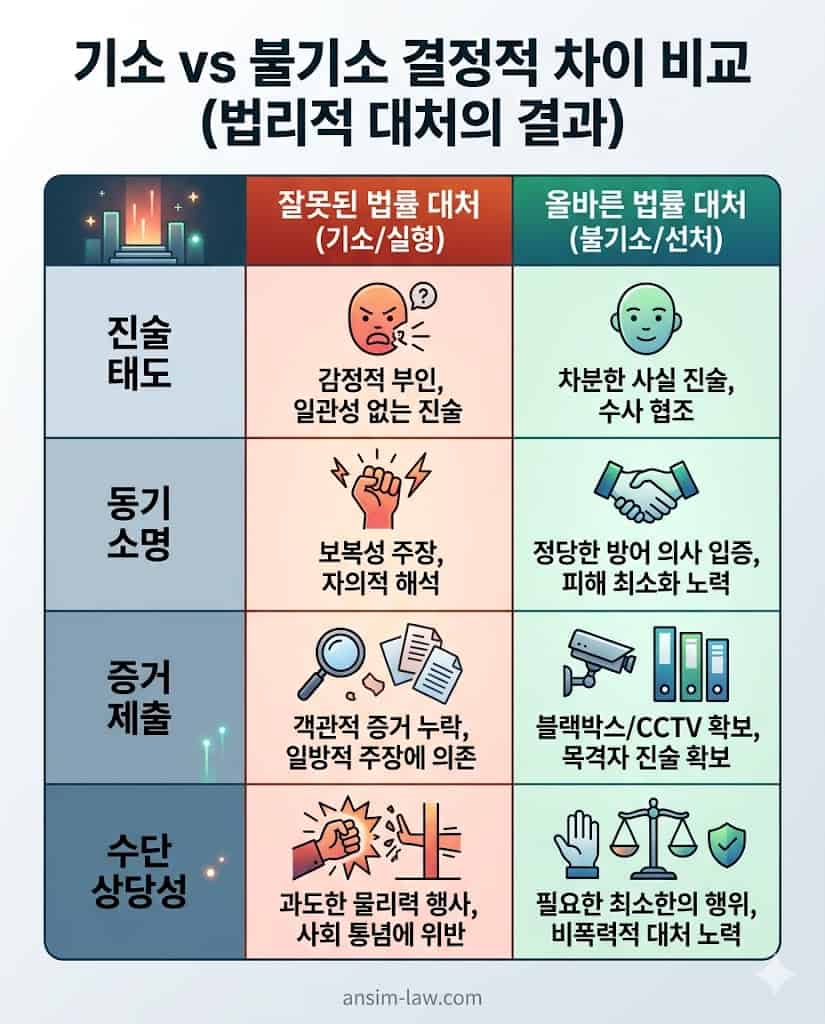 초기 진술 태도와 증거 제출 방식에 따른 법리적 오해 사례와 정확한 방어 사례의 결과 비교 표