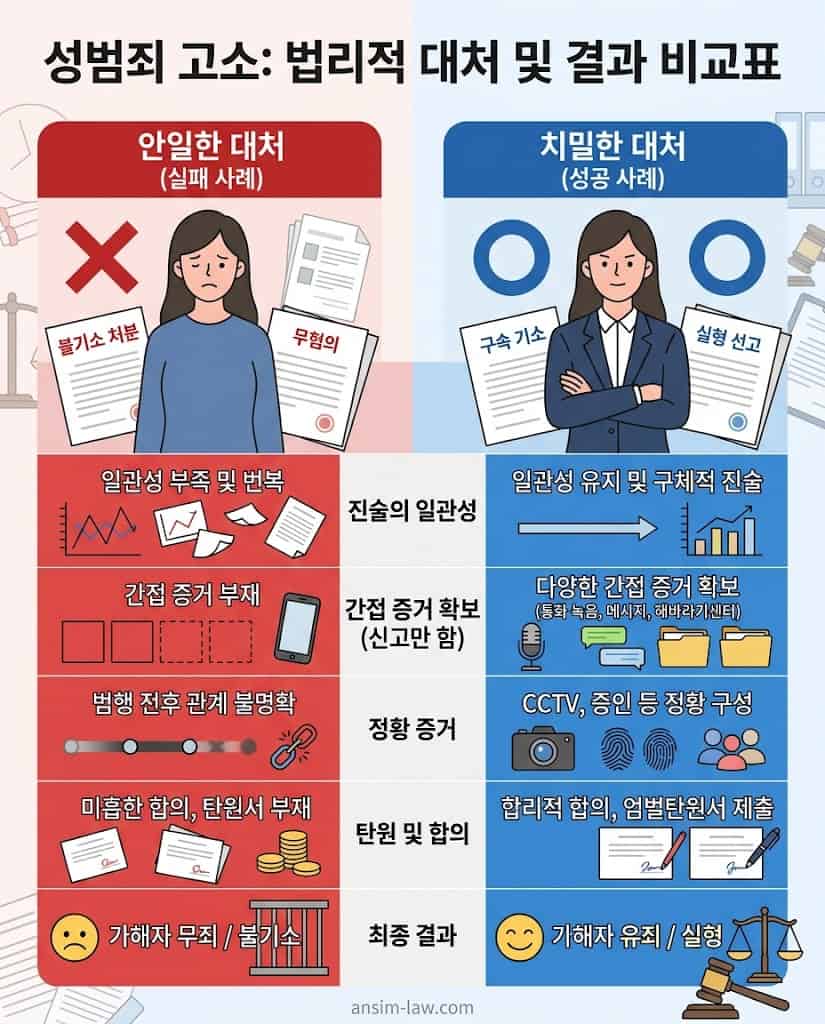 초기 사건 대응 방식과 변호인 조력 유무에 따른 불기소 처분과 실형 선고의 실무적 결과 대조표입니다.