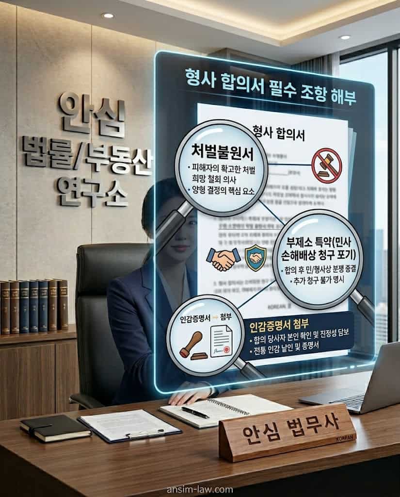 부제소 특약 등 완벽한 법적 효력을 보장하는 형사 합의서 필수 조항 인포그래픽