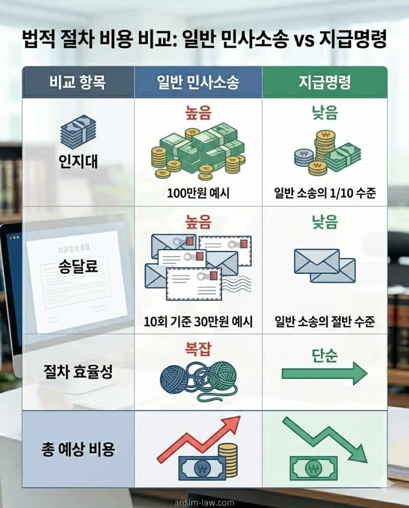 일반 민사소송과 지급명령의 비용 비교 인포그래픽