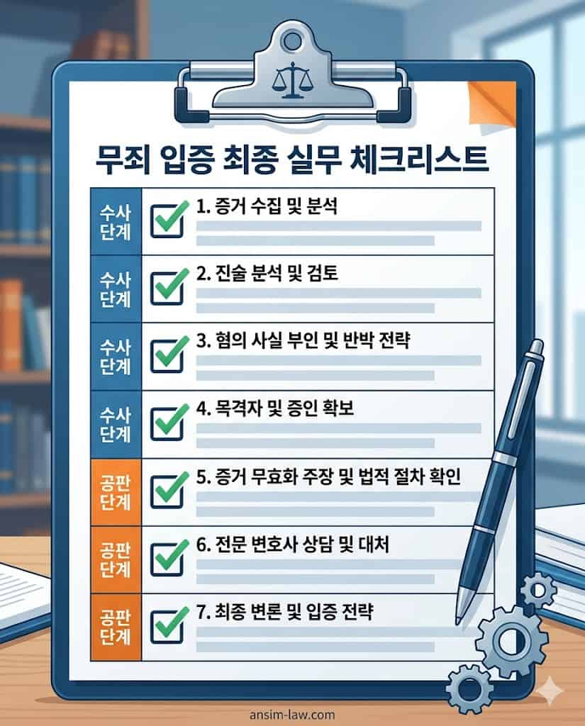 경찰 수사 및 형사 재판 단계에서 무죄와 기소유예 처분을 이끌어내기 위한 최종 점검 체크리스트입니다.