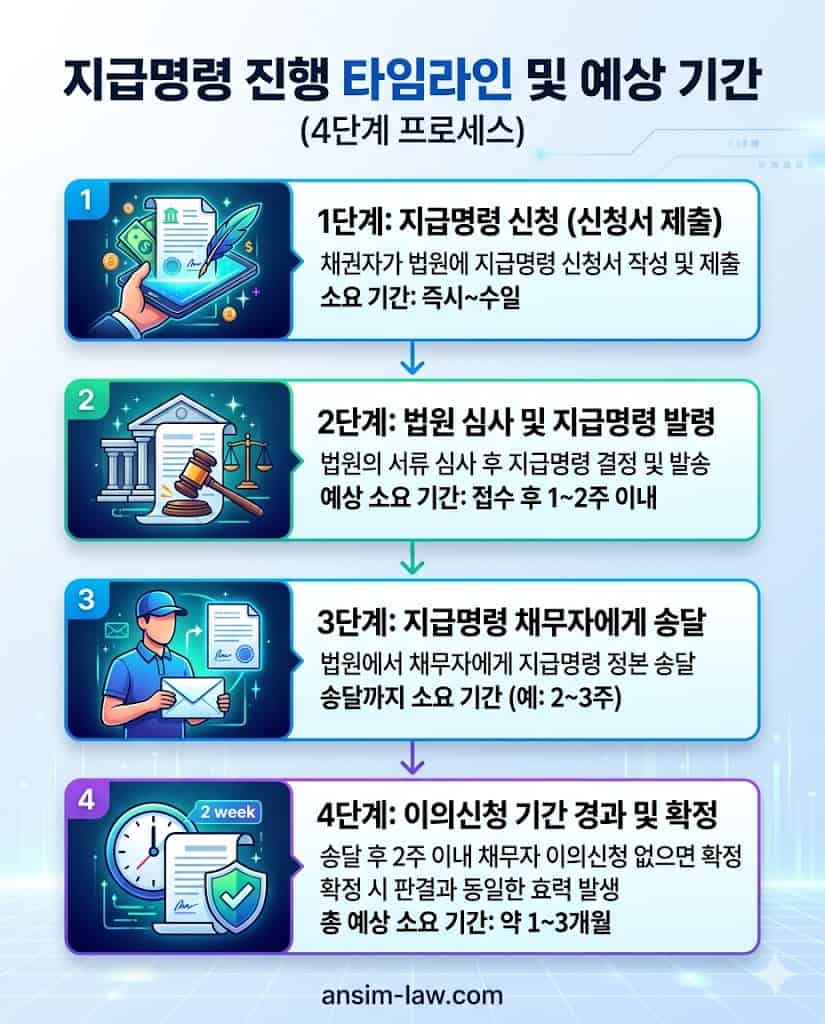 지급명령 신청 이후의 주요 단계별 타임라인 인포그래픽