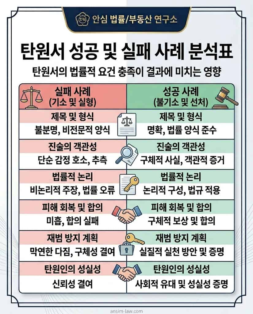증거 유무와 제출 시기에 따른 탄원서 기소 및 선처 성공 실패 분석표