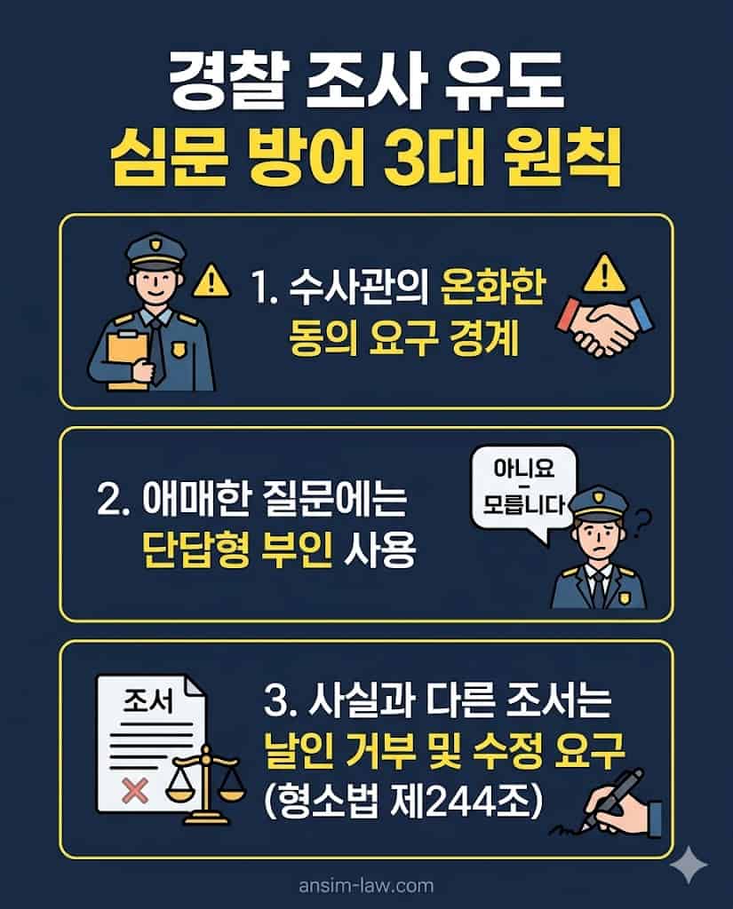 성범죄 경찰 조사 과정에서 피의자신문조서의 왜곡을 방지하는 유도 심문 방어 전략 가이드.