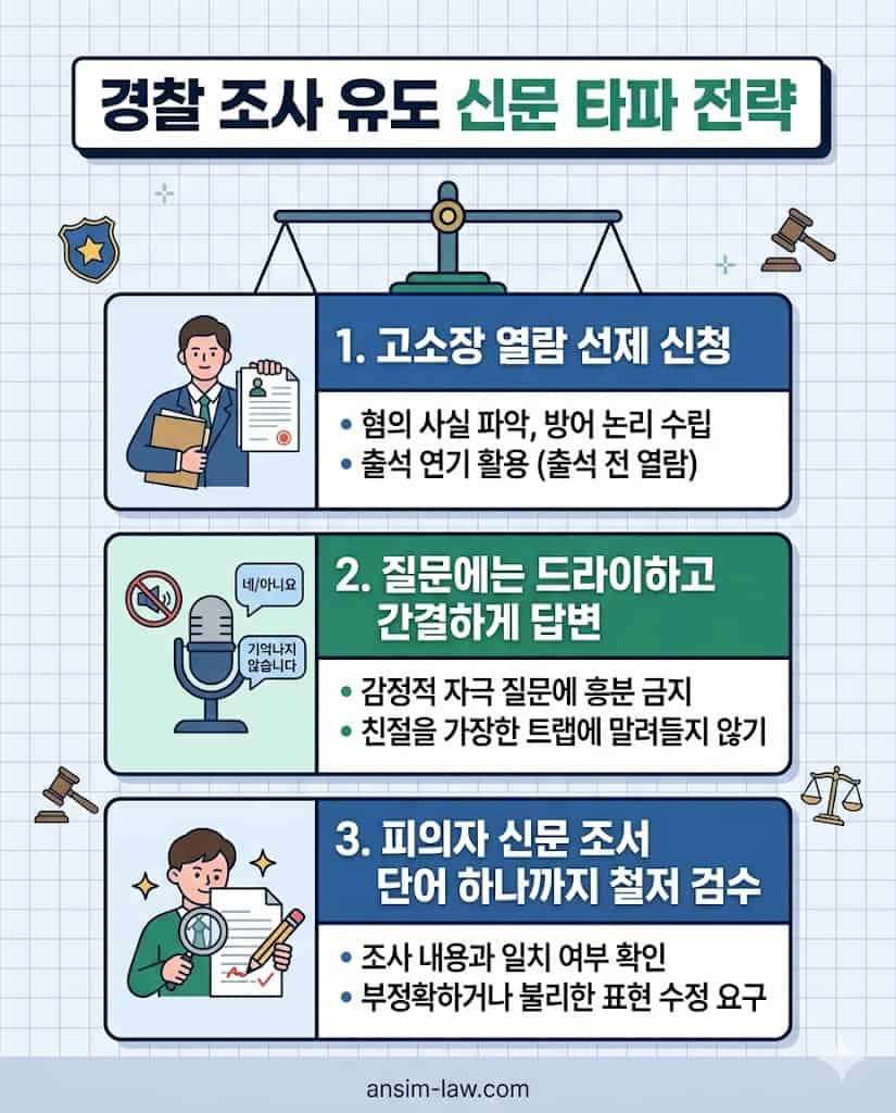 경찰 수사관의 유도 신문 트랩을 깨고 피의자신문조서를 검수하는 대응 전략 요약 표.