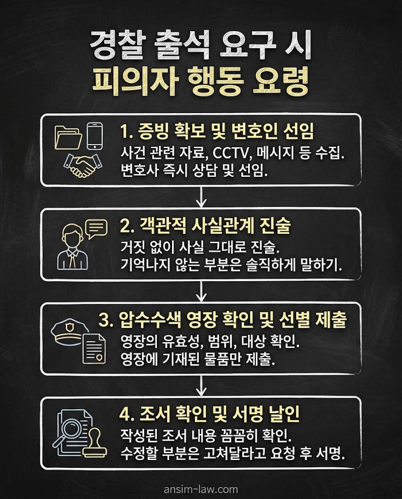 경찰 출석 요구 시 기업 경영자가 취해야 할 4단계 수사 초기 방어 행동 요령 플로우차트.