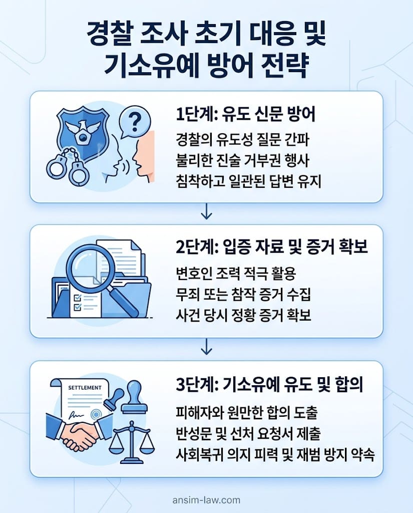 성범죄 경찰 조사 시 유도 신문 방어 및 기소유예 확보를 위한 초기 대응 플로우차트입니다.